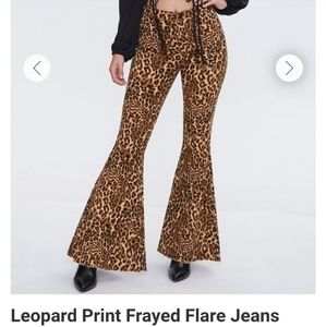 Leopard print frayed flare jeans